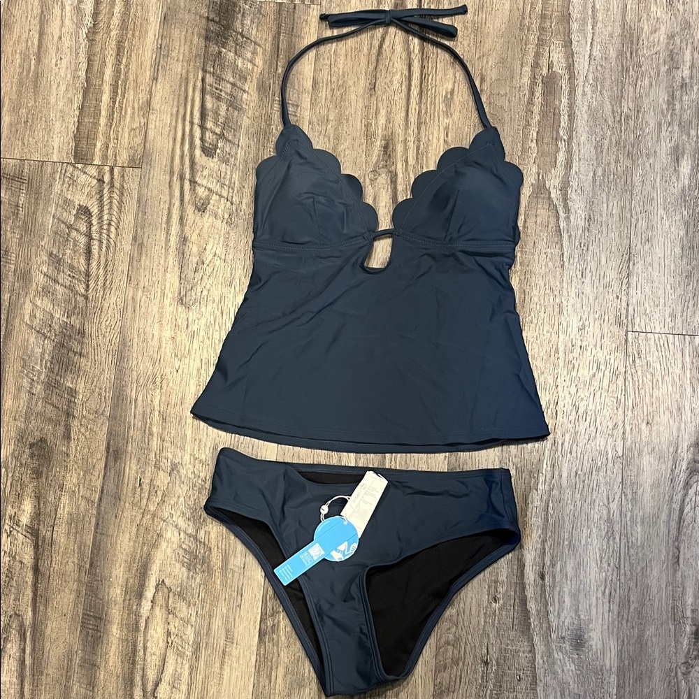 Cupshe Black Scalloped Tankini Bikini Set NWT